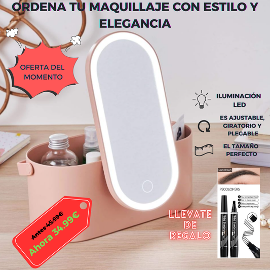 ORGANIZADOR DE MAQUILLAJE CON ESPEJO LED + REGALO LAPIZ PARA LAS CEJAS